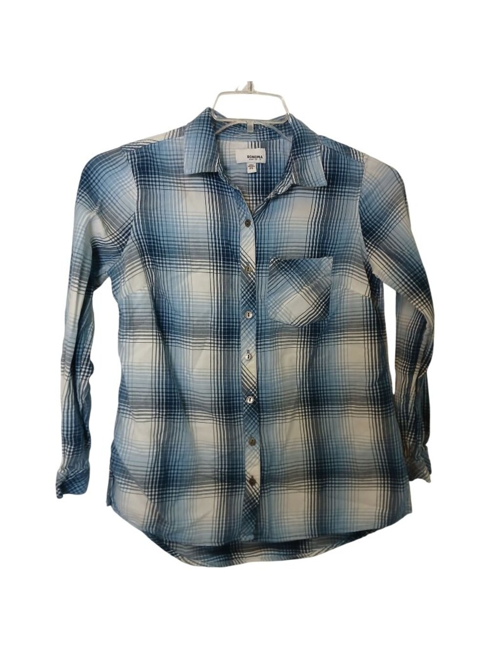 Blue & White Plaid Sonoma Womens PS 100% Cotton Button Shirt W/ Pocket Chore I-6